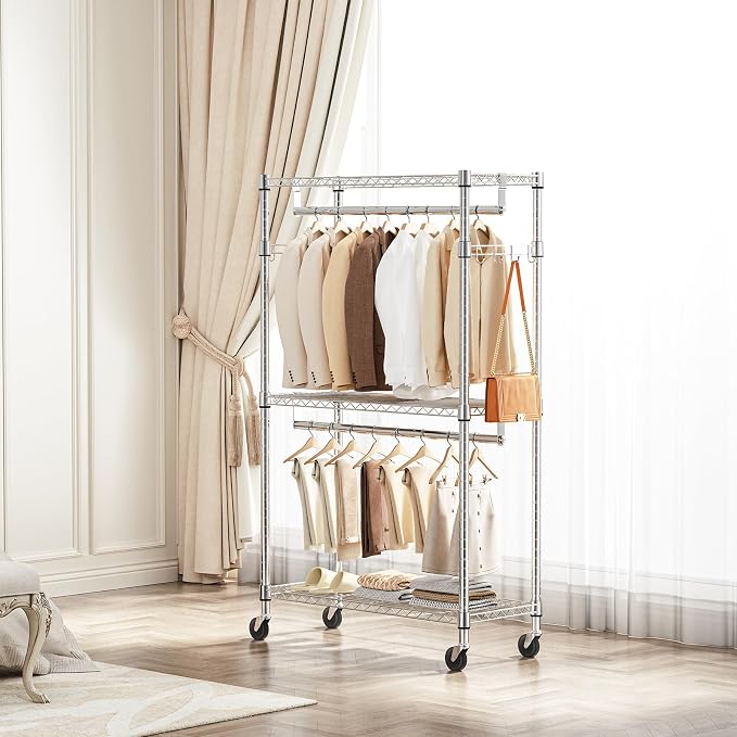 M MZG Heavy Duty Rolling Garment Rack 3 Tiers Adjustable Wire Shelving Clothes Rack with 2 Rods and Side Hooks,Storage Closet Clothing Rack with Wheels Chrome 15.7" D x 29.5" W x 74.5" H