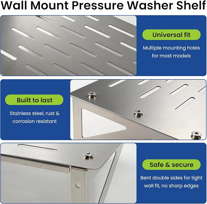 Wall Mount Pressure Washer Shelf 20" x 10", Stainless Steel Storage Rack | Heavy Duty Power Washer Storage Organizer for Garage & Workshop, Fits Electric Pressure Washer Accessories & Tools