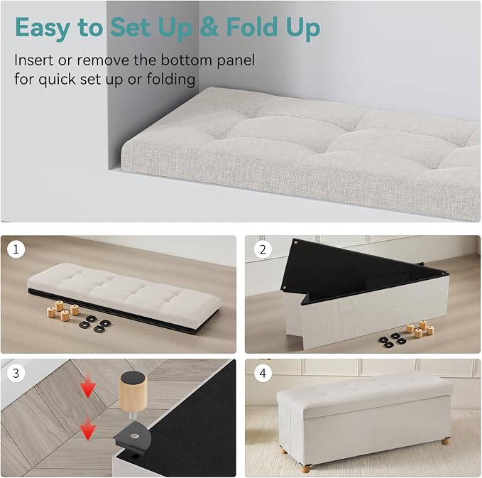 BRIAN & DANY 43 Inches Folding Storage Ottoman Bench, Ottoman with Storage Bench for Bedroom, Living Room, Entryway, with Legs, White