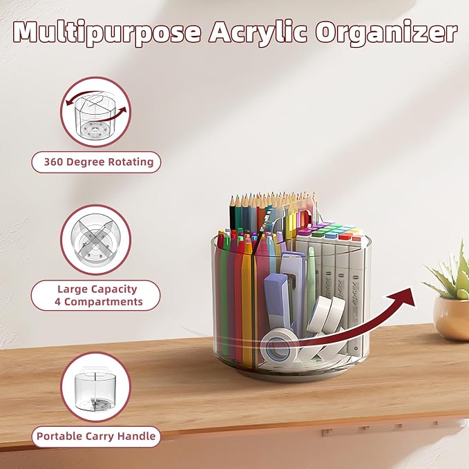 Pencil Holder for Kids, 360 Rotating Pen Holder for Desk Organizer and Storage, 4 Compartments Art Supply Marker Organizer, Acrylic Kids Desk Organizer for School Lazy Susan Organizer