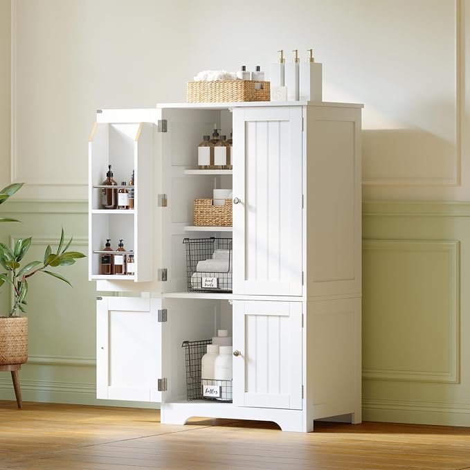 ChooChoo 43" H Pantry Cabinet with 4 Doors & 4 Door Shelves | Kitchen Cabinet, Kitchen Pantry Storage Cabinet for Living Room, for Dining Room, Bathroom, White