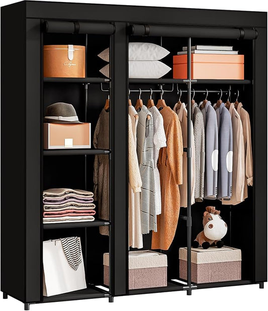 SORCEDAS Portable Closet Wardrobe with Hanging Rods Shelves Clothes Storage | 51 Inch Closet Organizers and Storage with Non-Fabric Cover,Freestanding Clothes Closet for Bedroom,dorm,Storage Rooms Black