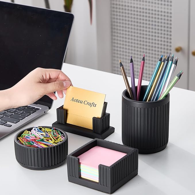 Set of 4 -Concrete Office Desk Accessories for Men-Modern Industrial Decor | Aesthetic Desk Organizers-Pen,Business Card,Sticky Note &Paper Clip Holders
