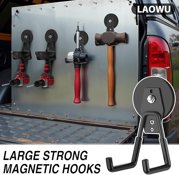 8 Pack Heavy Duty Storage Magnetic Utility Hooks Large Garage Strong Extra Magnet Hooks Hanger with Anti-Slip Coating Heavy Duty Magnetic Hooks for Hanging Power Dril Garage Garden Tools Black
