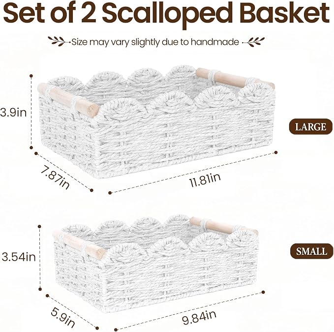 iEGrow Paper Rope Small Storage Baskets for Organizing, Set of 2 Scalloped Edge Wicker Basket with Wooden Handles Toilet Paper Basket for Over Toilet Storage Shelf, Home Decor, Living Room (White)
