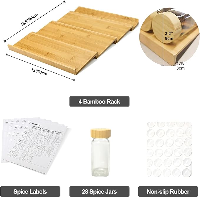 Spice Drawer Organizer with 28 Bamboo-lidded Spice Jars and 216 Labels,Non-slip Rubber, Bamboo 4 Tier Spice Racks Tray Seasoning Containers for Kitchen Drawers,Cabinets,13" Wide * 15.8" Deep