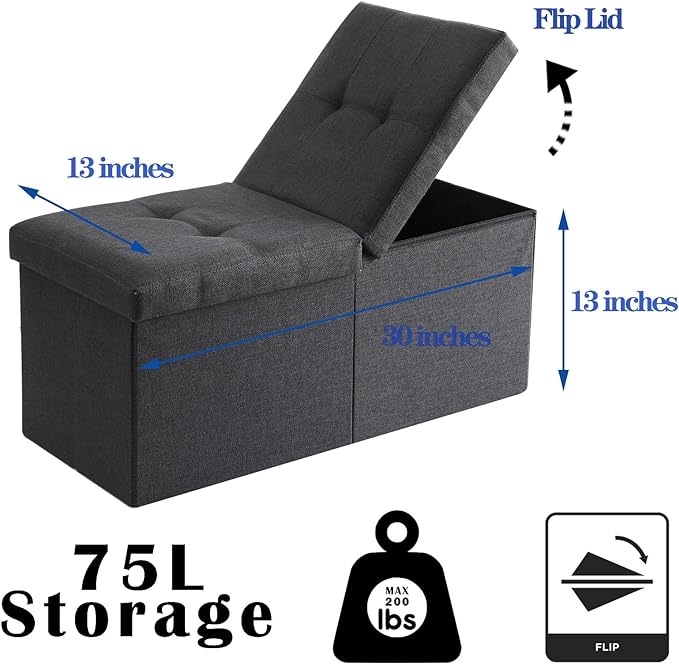 Storage Ottoman Bench Foldable Seat Footrest Shoe Bench End of Bed Storage with Flipping Lid, 75L Storage Space, 30 inches Linen Fabric Brown