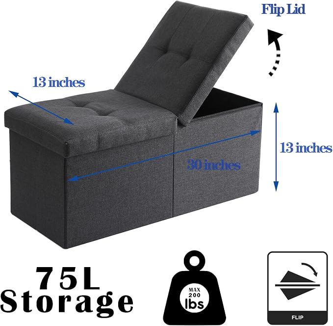 Storage Ottoman Bench Foldable Seat Footrest Shoe Bench End of Bed Storage with Flipping Lid, 75L Storage Space, 30 inches Linen Fabric Black