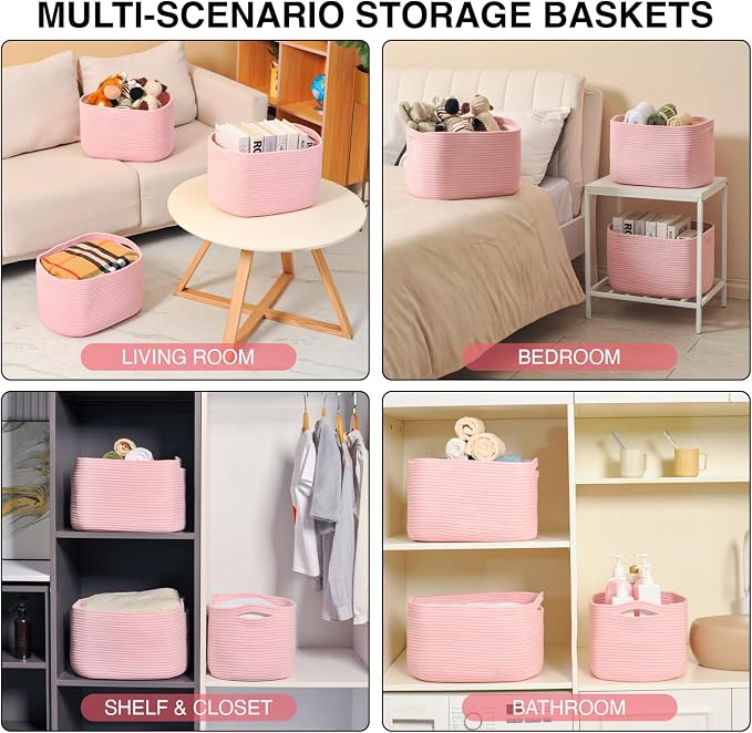 ICERZCZ Storage Baskets for Organizing Shelves, Pink Basket for Nursery, Woven Cotton Rope Baskets for Storage, Towel Basket for Bathroom, 15"x11"x9.5", 3 Packs, Light Pink