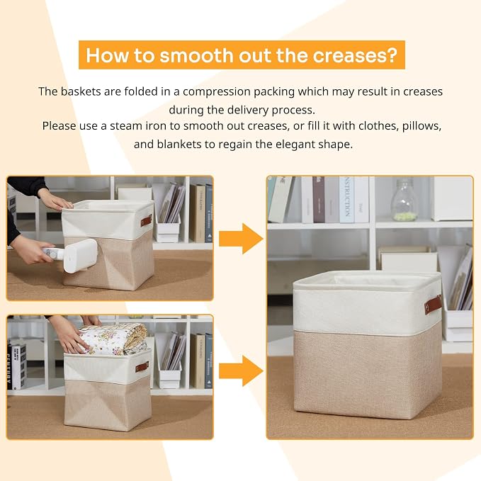 DULLEMELO 11 inch Cube Storage Bins, Large Collapsible Grey Storage Baskets for Square Cubes Organizing, Fabric Boxes Bins for Shelves Nursery Home Office Storage(4 Pack - 11" White&Khaki)