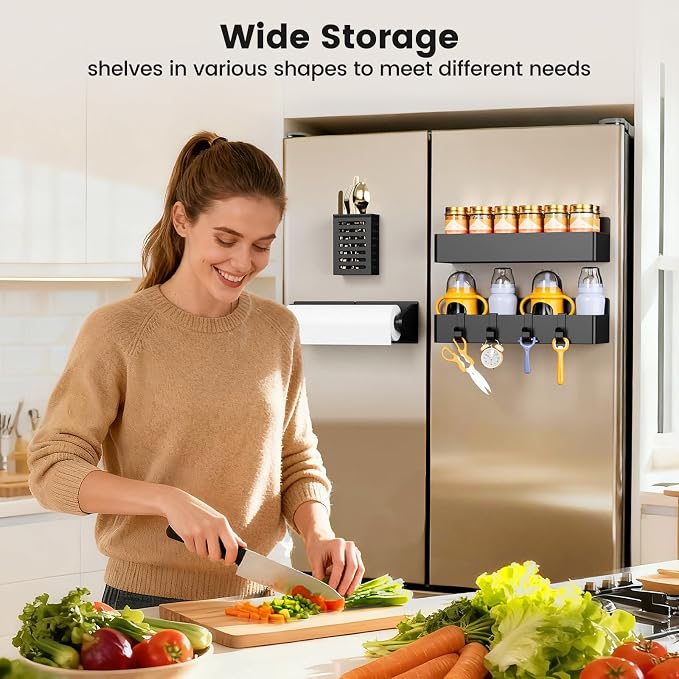 Magnetic Spice Rack for Refrigerator,4 Pack Magnetic Shelf,Fridge Magnet Organizer with Paper Towel Holder and Utensils Racks,Fridge Organizers and Storage Black(4 Pack)