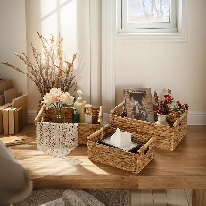 Wicker Storage Baskets for Organizing 3 Pack,Natural Water Hyacinth Ratten Baskets with Wooden Handles, Decorative Handwoven Storage Baskets for Shelves, Bathroom, Pantry or Kitchen