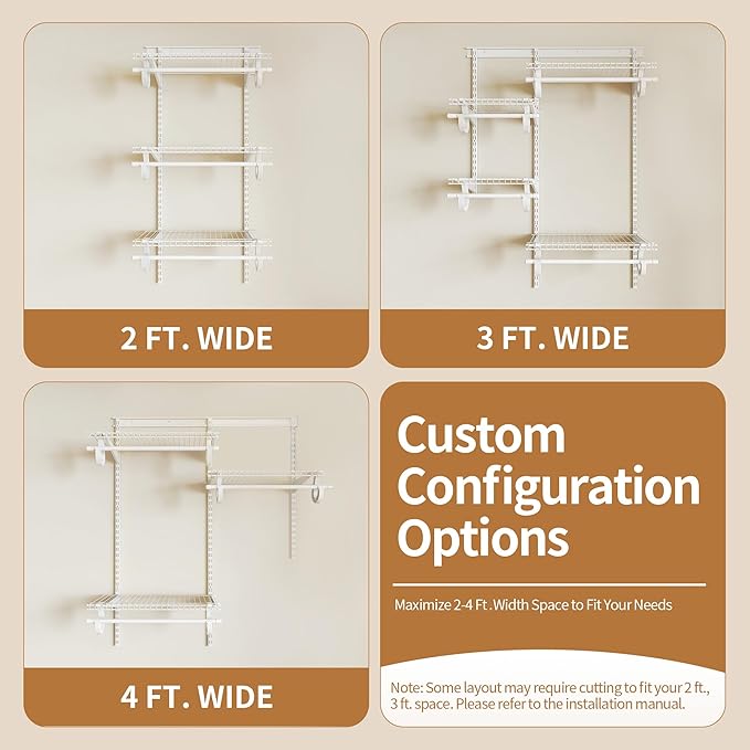 PROWORX 2-4 Ft. White Custom Insert Wire Closet Organizer System Kit | Adjustable Wall Mounted Metal Wire Closet Shelving System, Closet Shelves with Hanging Rods for Pantry Laundry Mudroom