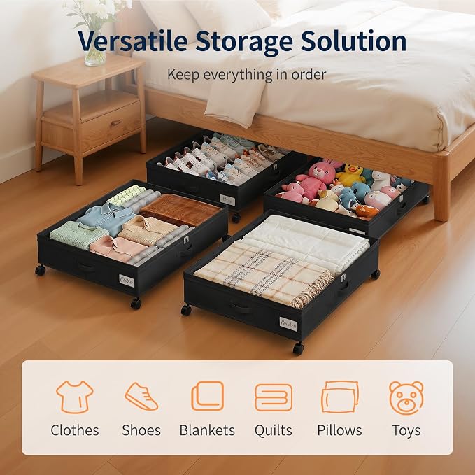 Yecaye 80L Large Under Bed Storage Containers with Wheels, 2 Pack, Black | 80L Capacity, Space-saving, 360° Rolling Wheels, Clear Window & Label, Sturdy Fabric, For Clothes, Shoes, Blankets