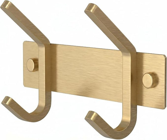 Brushed Gold Small Coat Rack Wall Mount – 6 Inch Stainless Steel Rail with 2 Double Coat Hooks for Entryway, Bathroom, Bedroom, Kitchen – Modern Gold Hook Rack for Coats, Hats, Towels