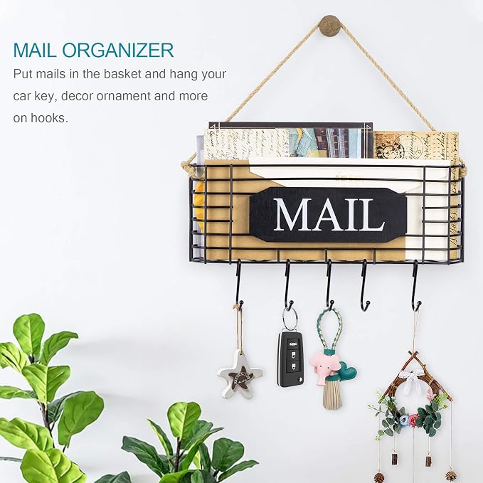 SRIWATANA Rustic Mail Organizer Wall Mount, 5 Key Hooks, Large Size, Black | Mail Holder Key Holder for Wall, Hanging Mail Sorter, Letter Basket for Receipts Bills Envelopes, Home & Office Organizer