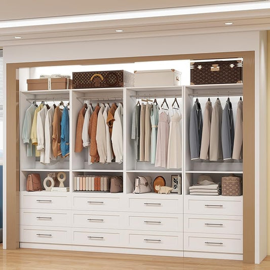 Closet System with 12 Drawers, 8FT-21FT Custom Closet Organizer System Modular Walk in Closet Freestanding Corner Closets Storage with 8 Hanging Rods & 4 Shelves, White (8FT)