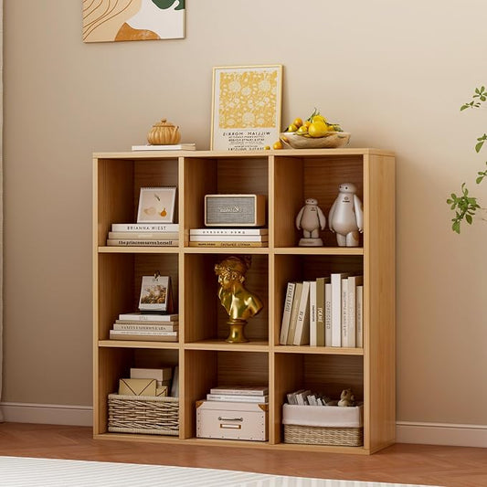 OSCHF 9-Cube Storage Shelf Bookcase, Oak | Wooden 3-Tier Open Bookshelf, Fits 11×11" Bins, Vertical or Horizontal Use, Full Back Panels, For Home Office