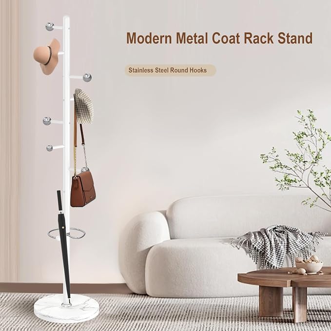 Coat Rack Stand, White Metal Coat Rack Freestanding with 8 Hooks | Coat Rack with Natural Marble Base,Modern Coat Hanger Stand, 3 Adjustable Coat Clothes Tree Stand for Office