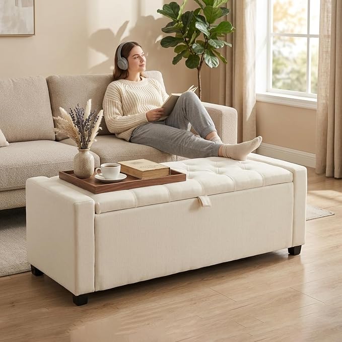 47" Beige Storage Ottoman, Entryway Bench Seat for Livingroom | Versatile design works as a coffee table or footstool; easy assembly, sturdy structure, and comfortable padded cushion.