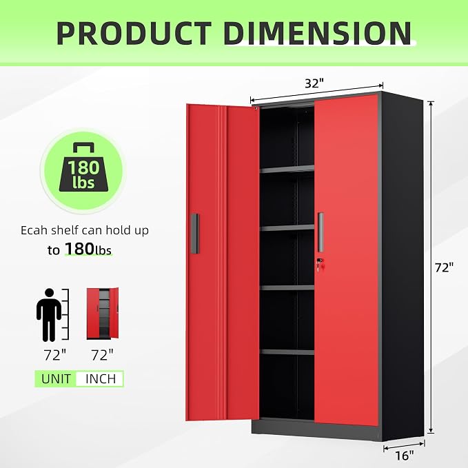 INTERGREAT Metal Storage Cabinet, 72" Locking Steel Cabinets with 2 Door and 4 Adjustable Shelves, Tall Metal Cabinet for Home Office, Garage, Warehouse, Black Red
