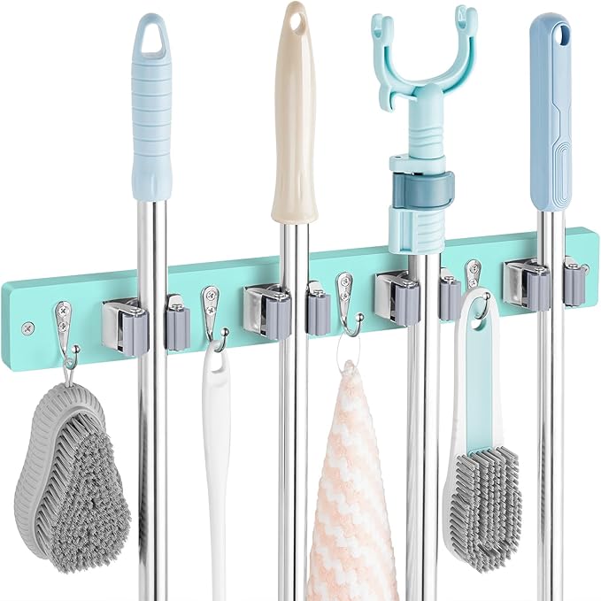 OUTNILI Turquoise Mop Broom Holder Wall Mount with 4 Slots & 4 Hooks - Wood Broom Mop Hanger for Pantry Closet Laundry Room Organization - for Teal Kitchen Decor and Accessories