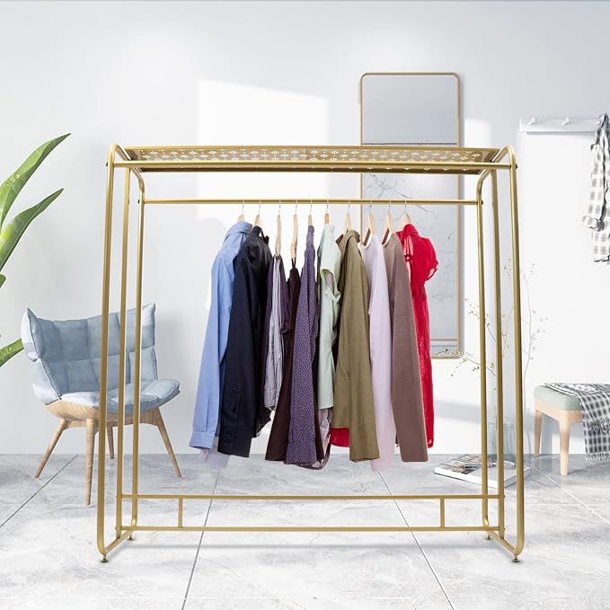 Gold Clothing Rack Heavy Duty, Metal Garment Rack with Top Shelf, Dual-bar Clothes Rack for Retail Display, Home Use