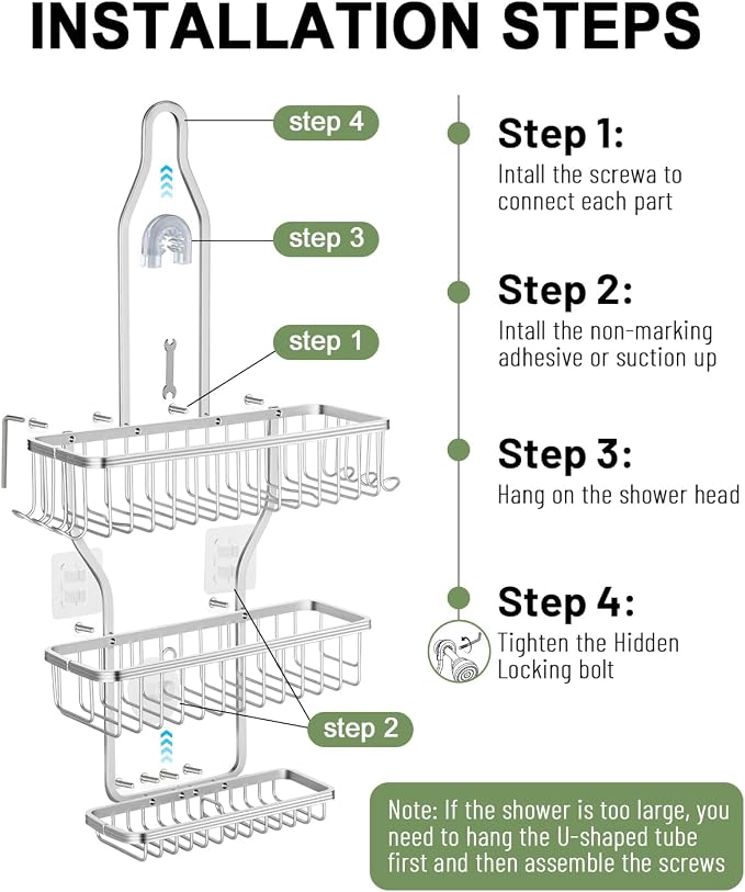 Shower Caddy Hanging - Never Rust Shower Hanging Organizer - Aluminum Over the ShowerHead Caddy with Soap Basket and 6 Hooks for Razor/Sponge (Shiny Silver)