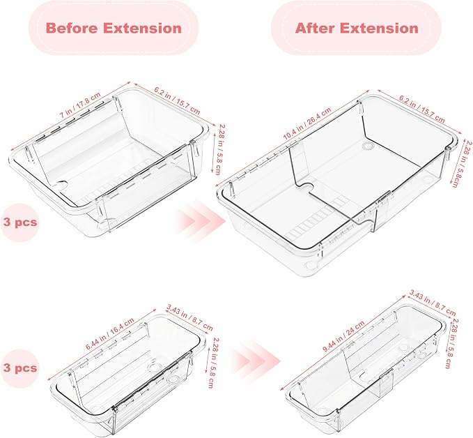 6 Pcs Expandable Clear Drawer Organizer, 2-Size Adjustable Boxes | 3-mm Extra Thick Acrylic Storage Bins for Vanity, Desk, Makeup, Cosmetics, Tool, Utensils & Bathroom Organization