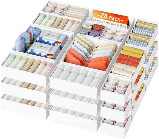 DIMJ Drawer Organizer Clothes, 26Pack Dresser Organizer, Foldable Closet Organizers and Storage, Fabric Dresser Bins, Drawer Dividers for Nursery, Baby Clothes, Underwears, Sock,White