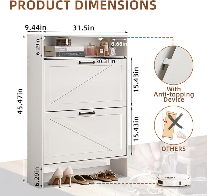 RWYHG Shoe Cabinet Storage for Entryway with 2 Flip Drawers | Open Storage Layer Rack Narrow Organizer Slim Hidden Wood Shoe Cabinet Furniture