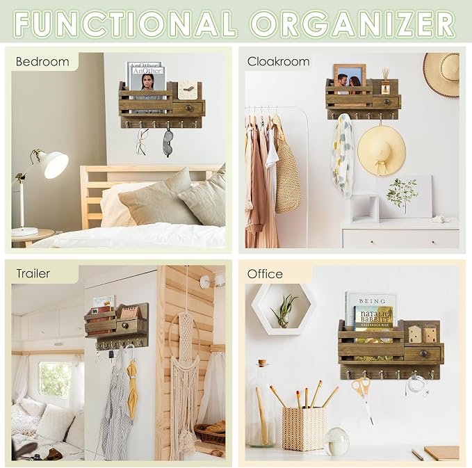 VIS'V Key Holder Wall Mount, Wooden Mail and Key Organizer, Brown | Contains Little Drawer, Small Shelf, 2 Slots, 6 Hooks, for Entryway, Hallway, Doorway, Kitchen, Garage, RV