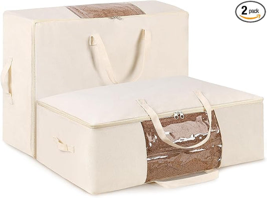 Blanket Storage Bags 70L Canvas Closet Organizers Clothes Container 2 Pack | Canvas Fabric, Reinforced Handles, Foldable Design, for Clothing Comforters Pillows and Toys, Dorm Bedroom and Closet Use