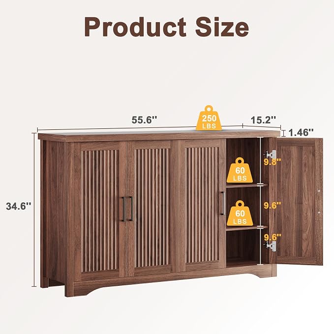 55" Fluted Sideboard Buffet Cabinet with Storage,Walnut | Modern Credenza with 4 Doors & Adjustable Shelves,Coffee Bar Table Console for Dining Room Kitchen Living Room Entryway