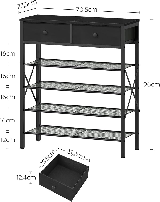 5 Tier Shoe Rack, Large Capacity Shoe Storage Organizer, Metal Shoe Shelf with Drawer and Wooden Top, for 20 Pairs of Shoes, for Entryway, Closet, Black SS25BB