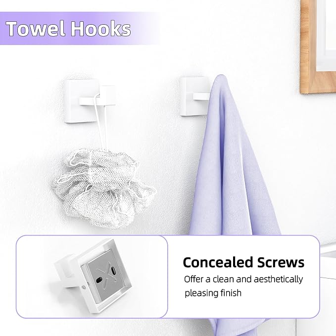 5-Pieces Bathroom Hardware Accessories Set, 24 Inch Stainless Steel Towel Racks for Bathroom, Towel Bar Set Towel Ring Coat Hook and Toilet Paper Holder with Shelf Wall Mounted, White