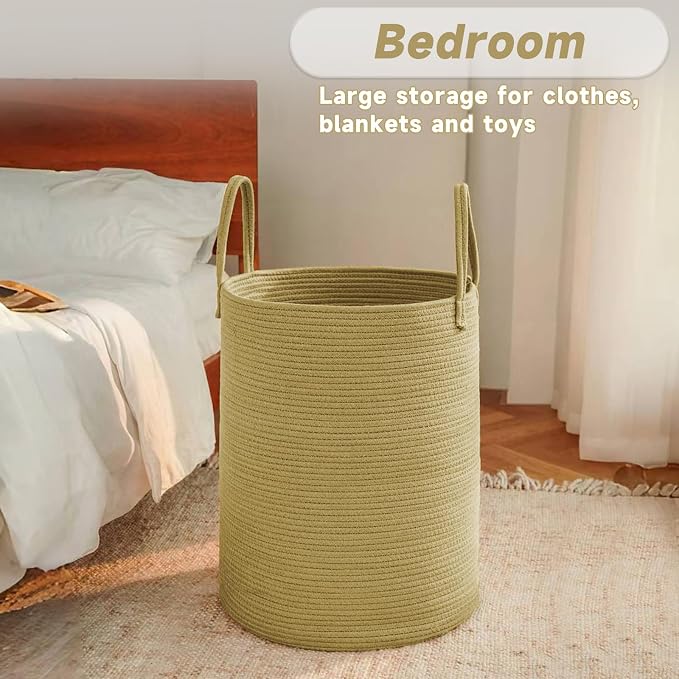 JMvicyroam 60L Cotton Rope Laundry Basket Hamper, Jute | Collapsible laundry basket, reinforced handles, freestanding, machine washable, holds 3-5 thick blankets, clothes or toys