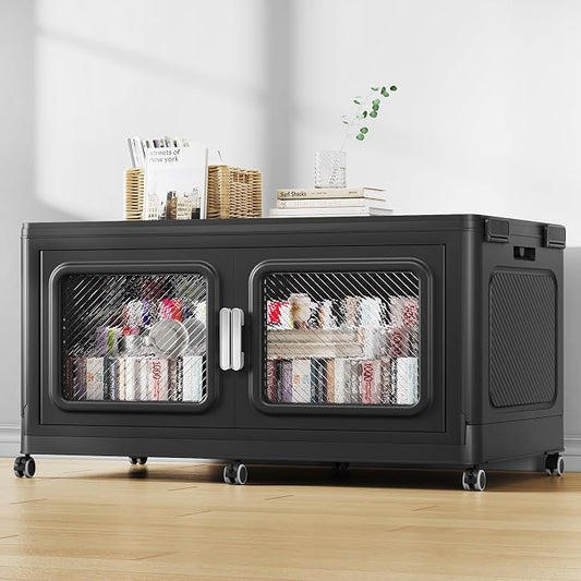 BROVIEW 55Gal Extra Large Storage Bins with Lid and Wheels, Black, 1 Pack | 1 lid Plastic Cabinets Stackable Collapsible Foldable Storage Box Total 220 Quart Organizer Drawers For Home Office Garage