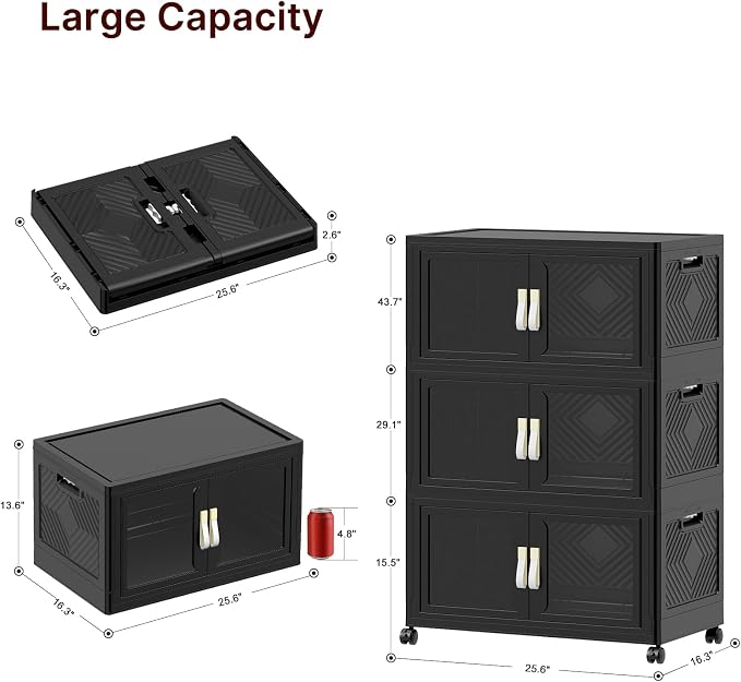 Stackable Storage Bins with Lids, 360QT Extra Large Storage Cabinet | Clear Doors, Foldable Storage Drawers, Heavy Duty, Collapsible Closet Organizers for Bedroom Office (3, Black, 120, Quarts)