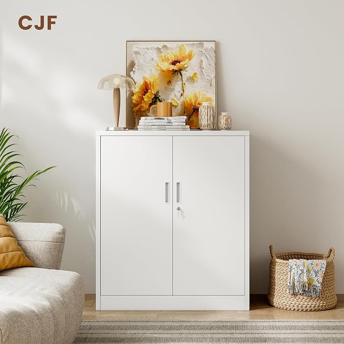CJF Metal Storage Cabinet, 36" H Locking Storage Cabinet with Shelves and Doors for Home Office, Garage, Utility Room, Entryway(White)