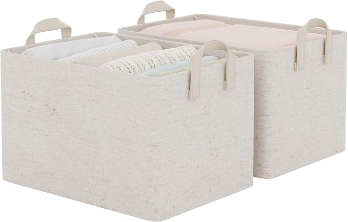 StorageWorks Storage Bins, Shelves Baskets for Organizing, Large Fabric Closet Organizers with Handles, Metal Frame, Beige-Cotton-linen, 2-Pack