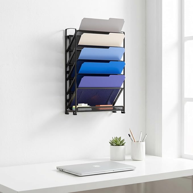 Simple Houseware 6-Tier Wall Mount Document Letter Tray Organizer, Black | 5 Tilted Trays + 1 Flat Bottom Tray, Wall Mount Hardware Included