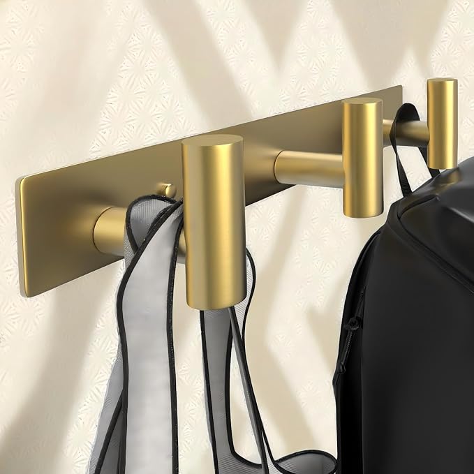 Wall Mounted Coat Rack-3 Hooks, Heavy Duty Stainless Steel Wall Hooks for Towel Coat Bag, Hat Rack Coat Hanger Coat Hooks Towel Racks for Bathroom Entryway Kitchen Hotel Office (Gold,1 Pack)