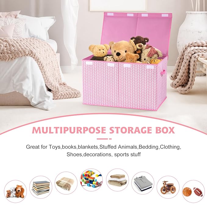 Mayniu Extra Large Toy Box Chest with Dividers, 120L Sturdy Toy Storage Organizer Bin Boxes Basket for Kids, Boys, Girls, Living Room, Nursery, Bedroom, Playroom (26"x17" x17", Pink)