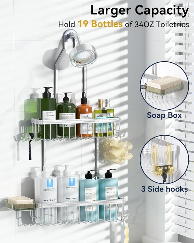 YASONIC Never Rust Shower Caddy Hanging, Aluminum Shower Racks for Inside Shower, 2-Tier Shower Organizer Hanging Over Shower Head with Hooks and Soap Holder, Silver
