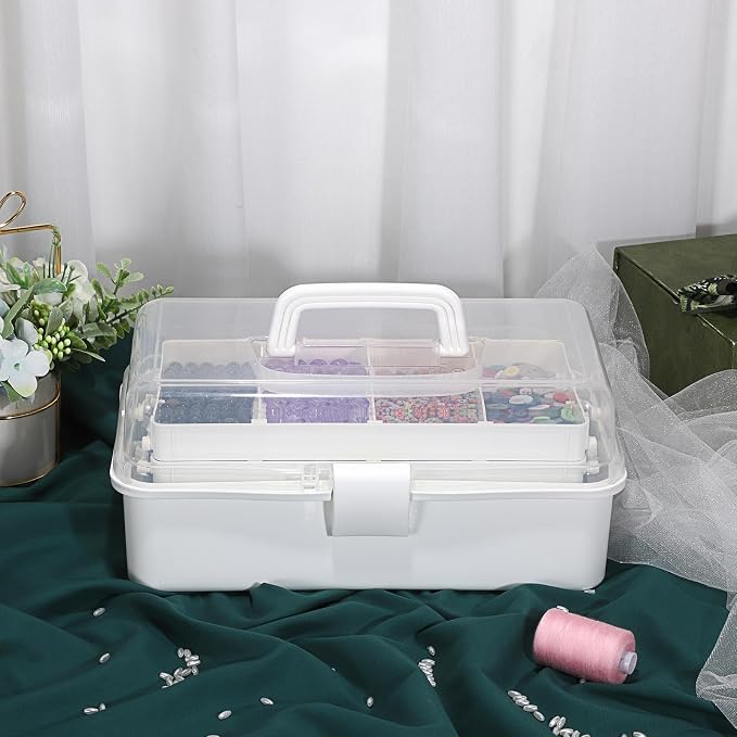 BTSKY 3-Layer Plastic Dividing Storage Box Craft Organizer and Storage | Portable Handled Art Supply Organizer with Adjustable Spacers Multipurpose Home Utility Box for Medicine Sewing(Beige White)