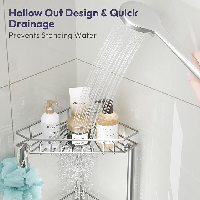 SWTYMIKI Standing Shower Caddy Corner - 3‑Tier Stainless Steel Shower Organizer Shelf with 12 Hooks and Adhesive Pads, Rustproof Corner Shelves Stand Rack for Bathroom Shower Room, Silver