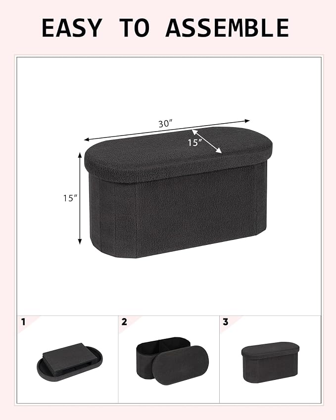 30 Inches Oval Storage Ottoman Bench, Foldable Footrest | Teddy Boucle Fabric, Hidden Storage, Soft Padded Seat, Compact Ottoman for Living Room, Bedroom, Dorm, Dark Grey