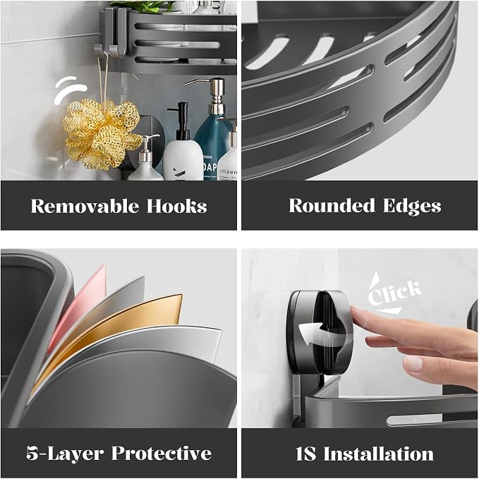 Suction Cup Shower Caddy,No Drilling Corner Shower Shelves Heavy Duty,Shower Organizer with Hooks,Rustproof Waterproof Space Aluminum Bathroom Storage,Home Accessories Decor