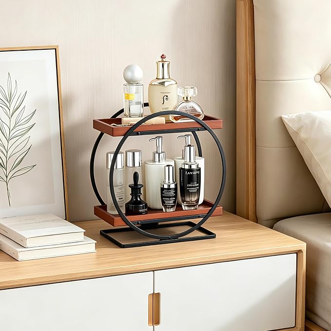 2-Tier Bathroom Counter Organizer, Wooden Perfume Organizer Dresser | Bamboo Countertop Trays Skincare Makeup Vanity Shelf, Organizers and Storage for Bathroom Kitchen,Black & Brown Perfume Stand